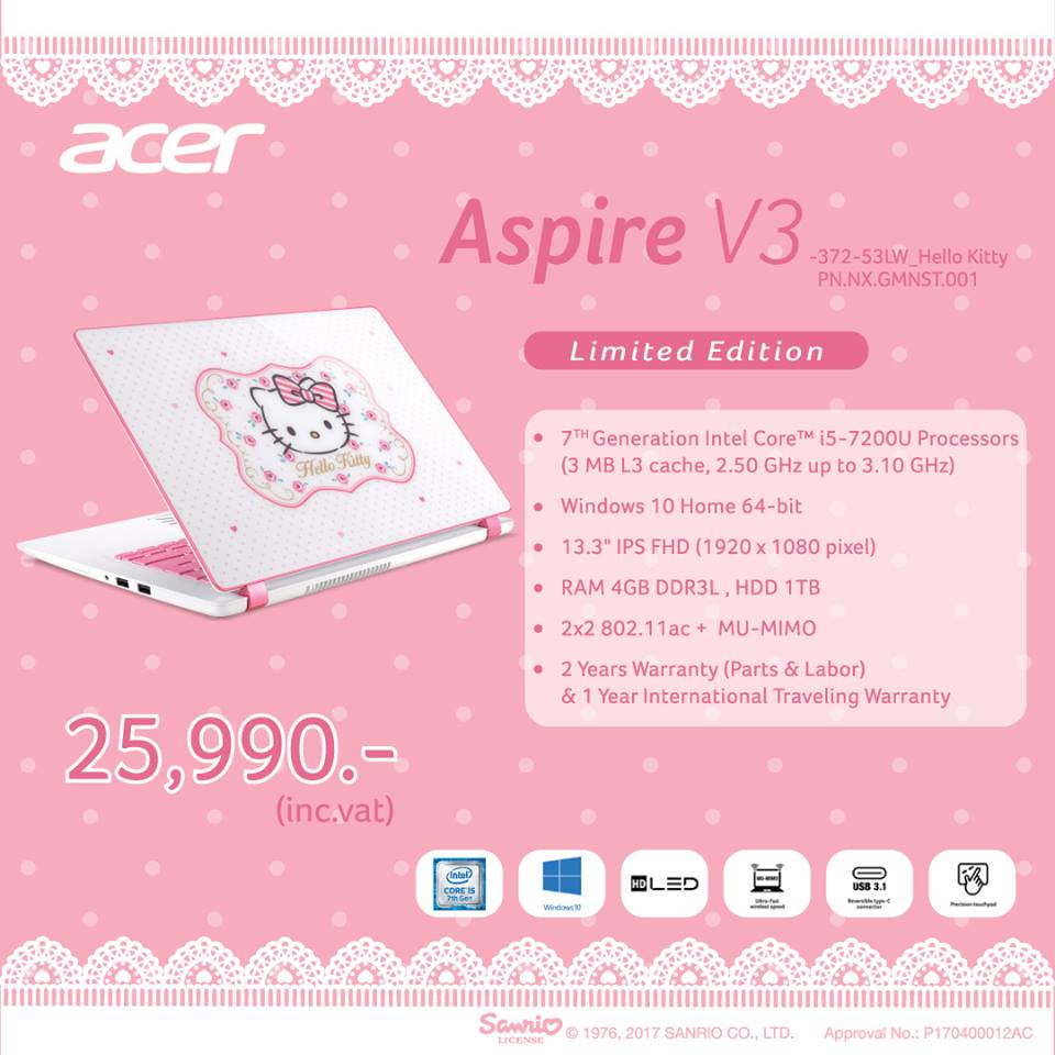 Aspire V3 Hello Kitty Edition เปิดให้จองแล้วในไทย สาวกห้ามพลาด