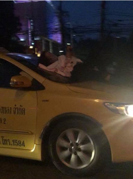  มนุษย์ป้านอนเล่นมือถือฝากระโปรงแท็กซี่
