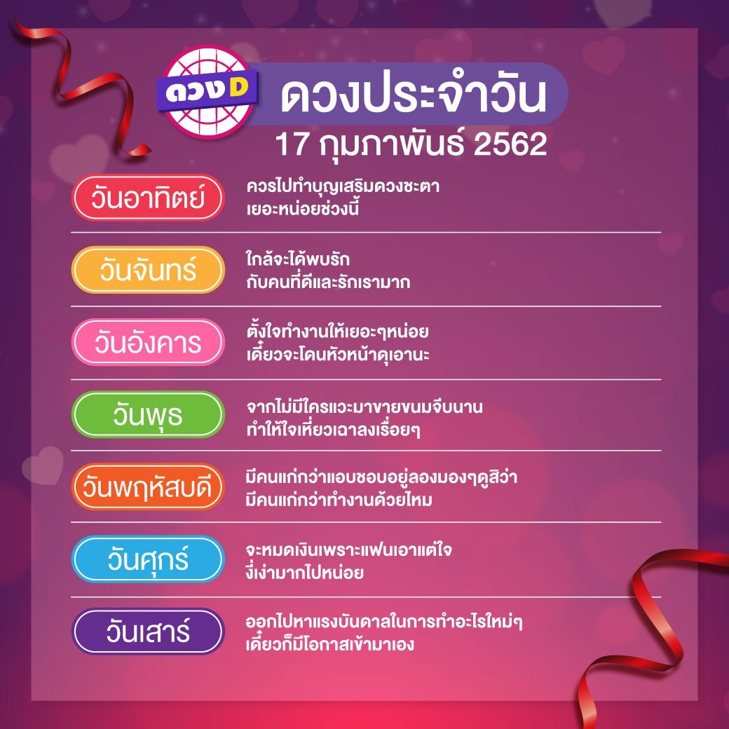 ดวงประจำวัน 17 กุมภาพันธ์ 2562